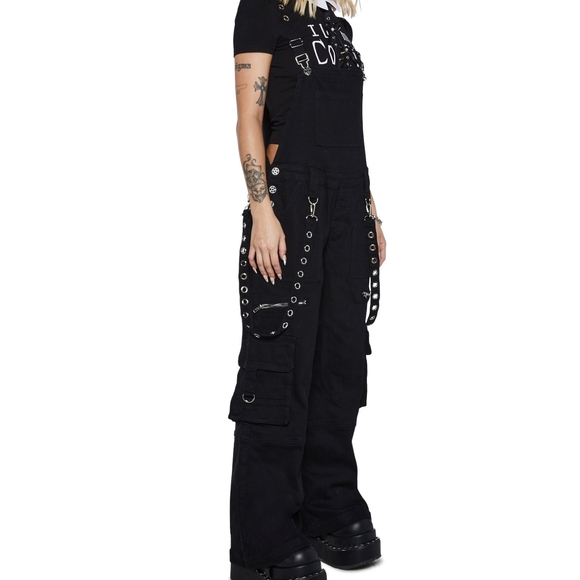 Dolls Kill Rare The Grave Girls Punk Goth Black Tough Life Denim Overalls S M - Picture 14 of 14